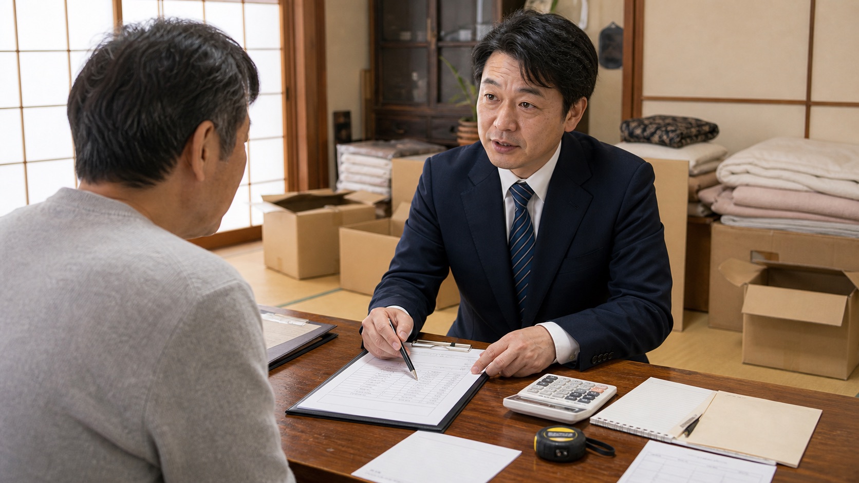 スーツ姿の男性アドバイザーが実家で見積書と作業範囲を説明している様子