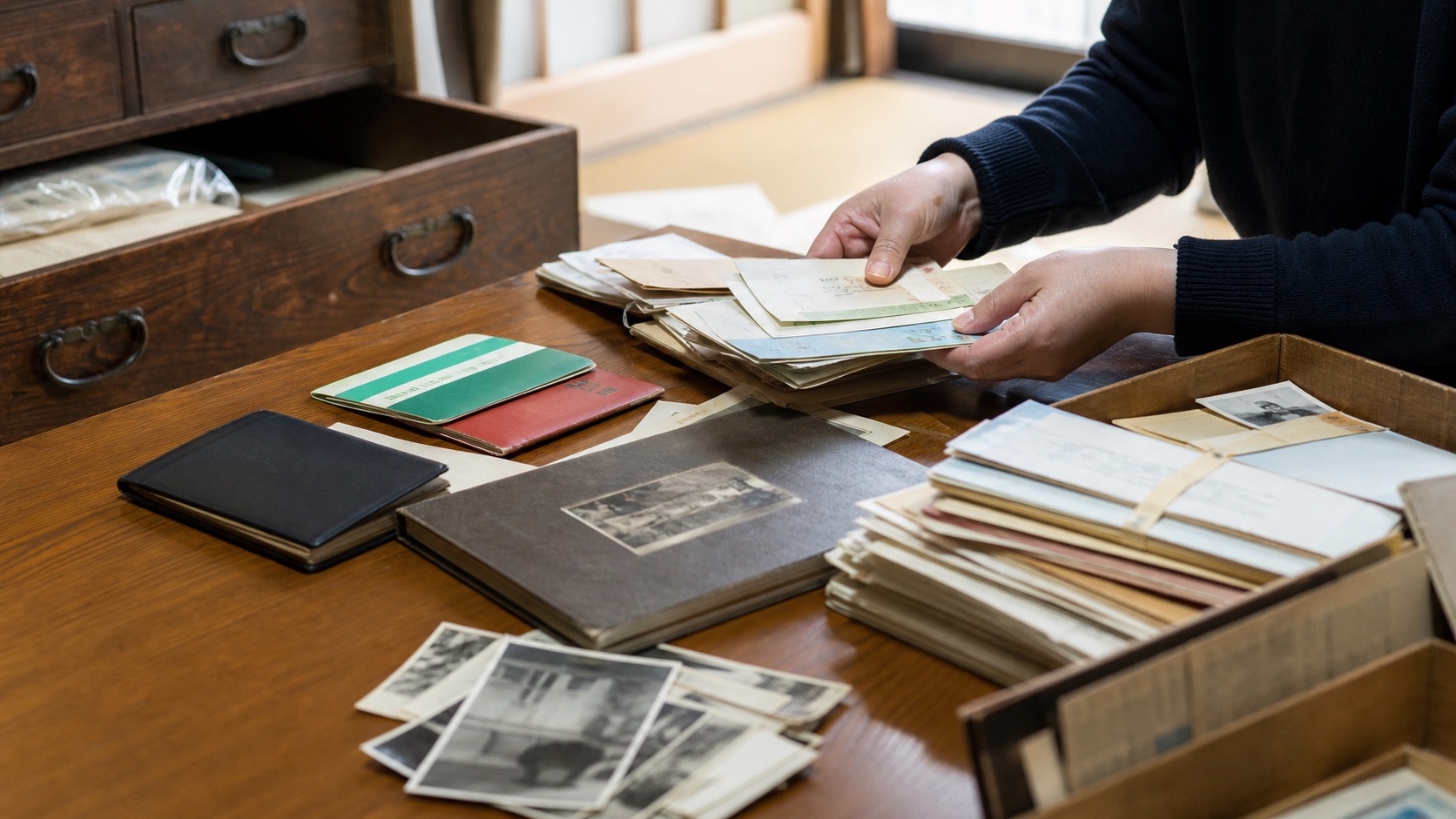 畳の部屋で通帳、封筒、書類、写真を探して分類している様子
