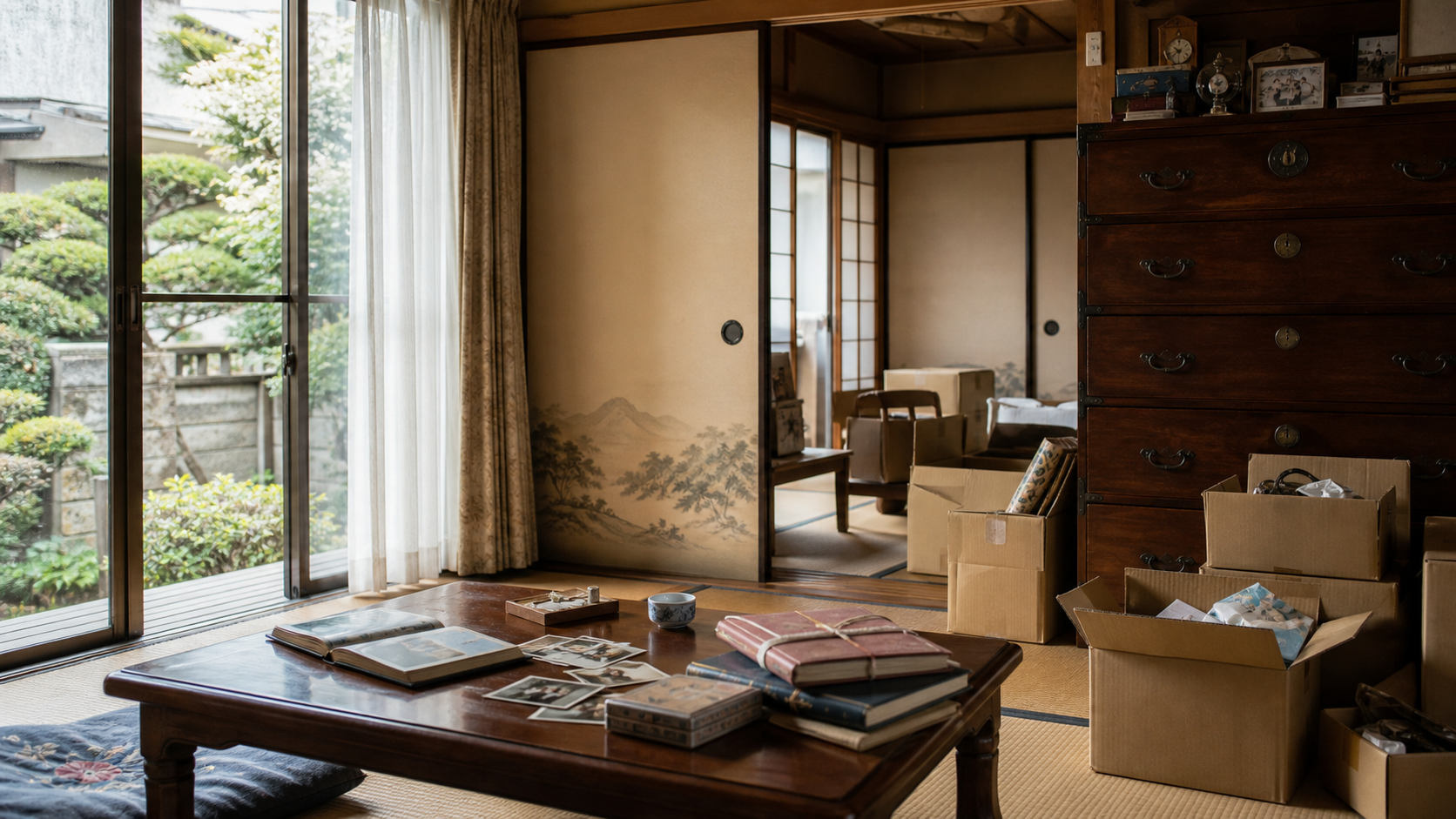畳とふすまのある日本の実家で家財を整理している室内