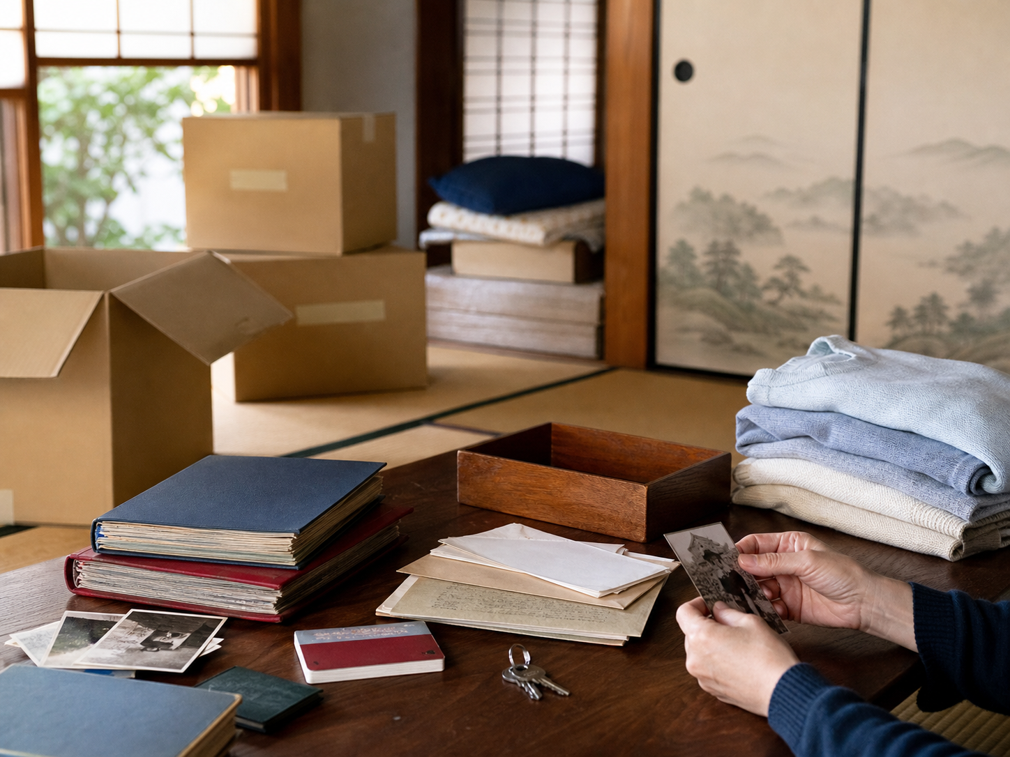 畳の部屋で写真や書類を丁寧に整理している様子