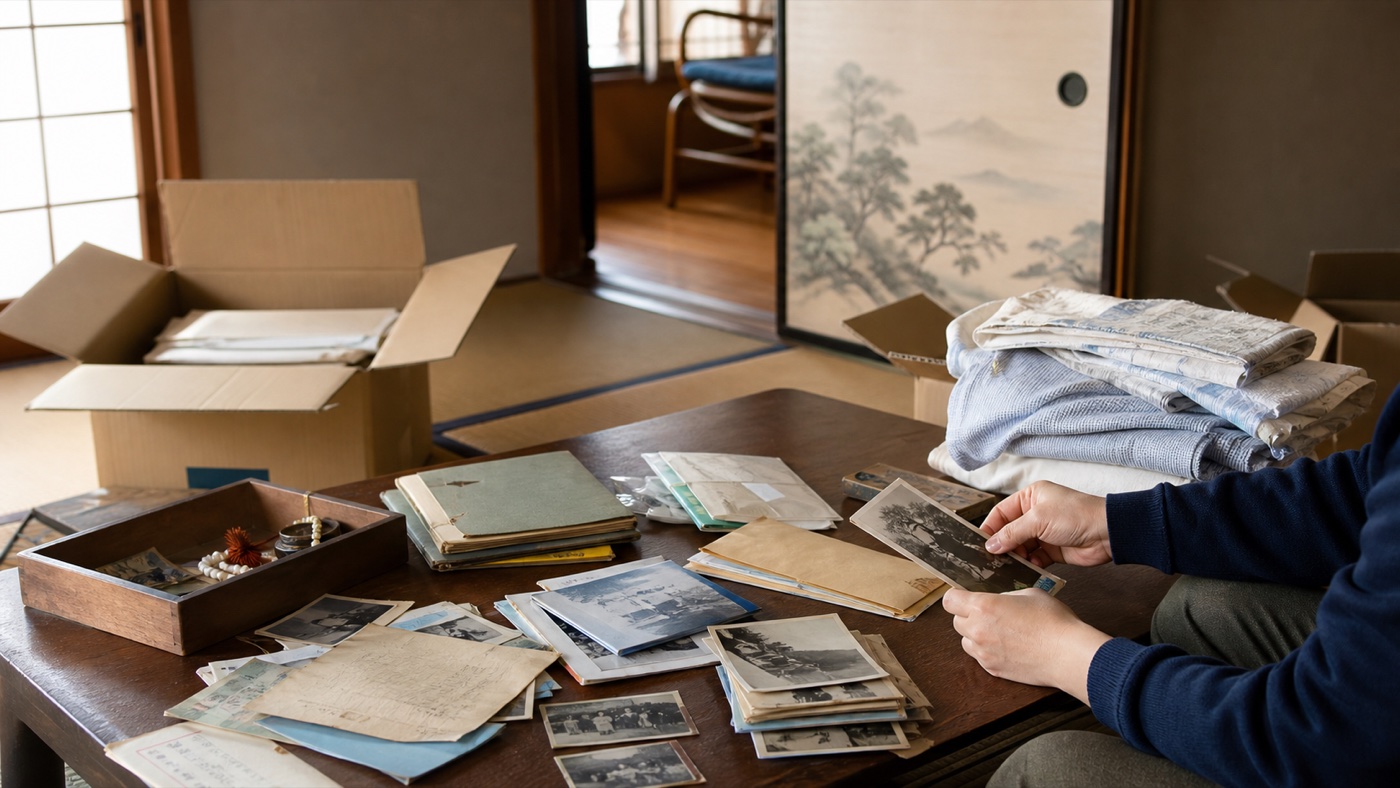 和室で写真や思い出の品を丁寧に整理している様子